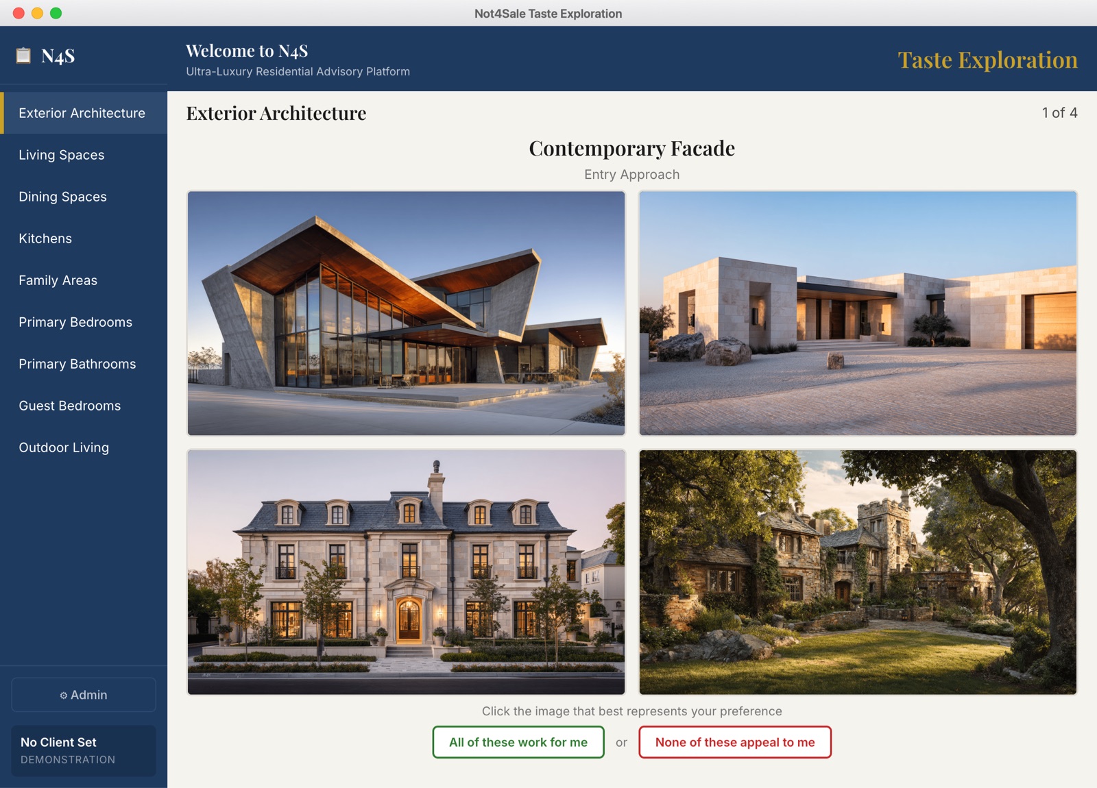 Not4Sale Taste Exploration desktop app — choosing between four architectural design options